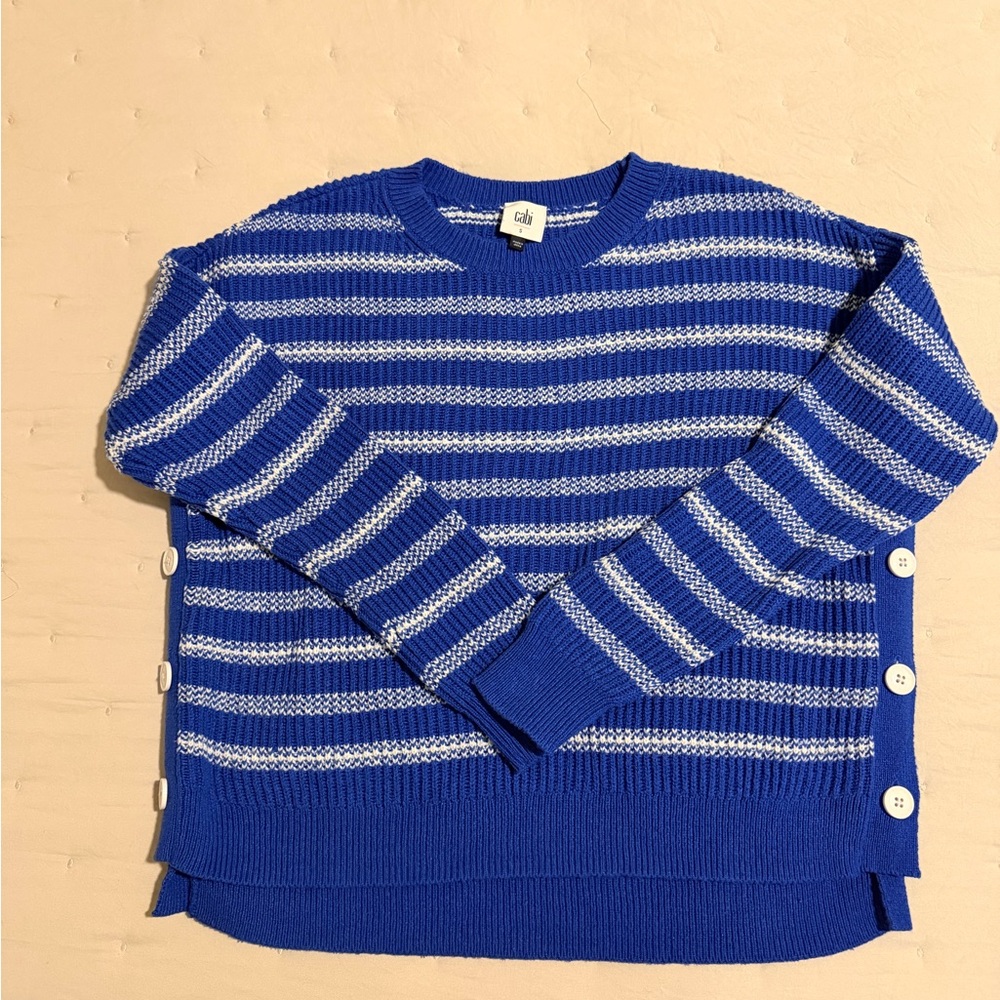 CAbi Blue and White Striped Crewneck Sweater